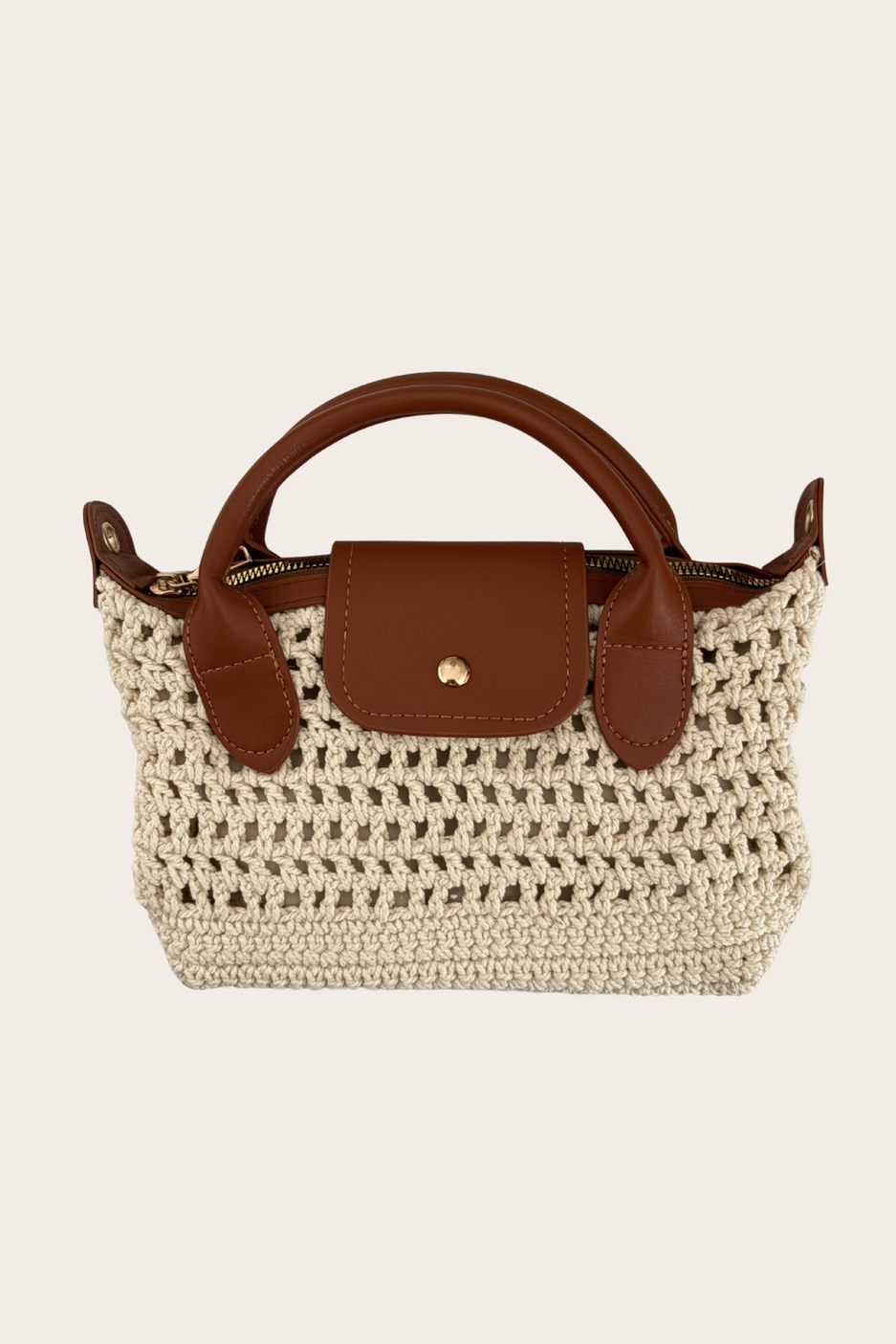Crochet Summer Bag - Beige with open-weave design, top handles, and crossbody strap