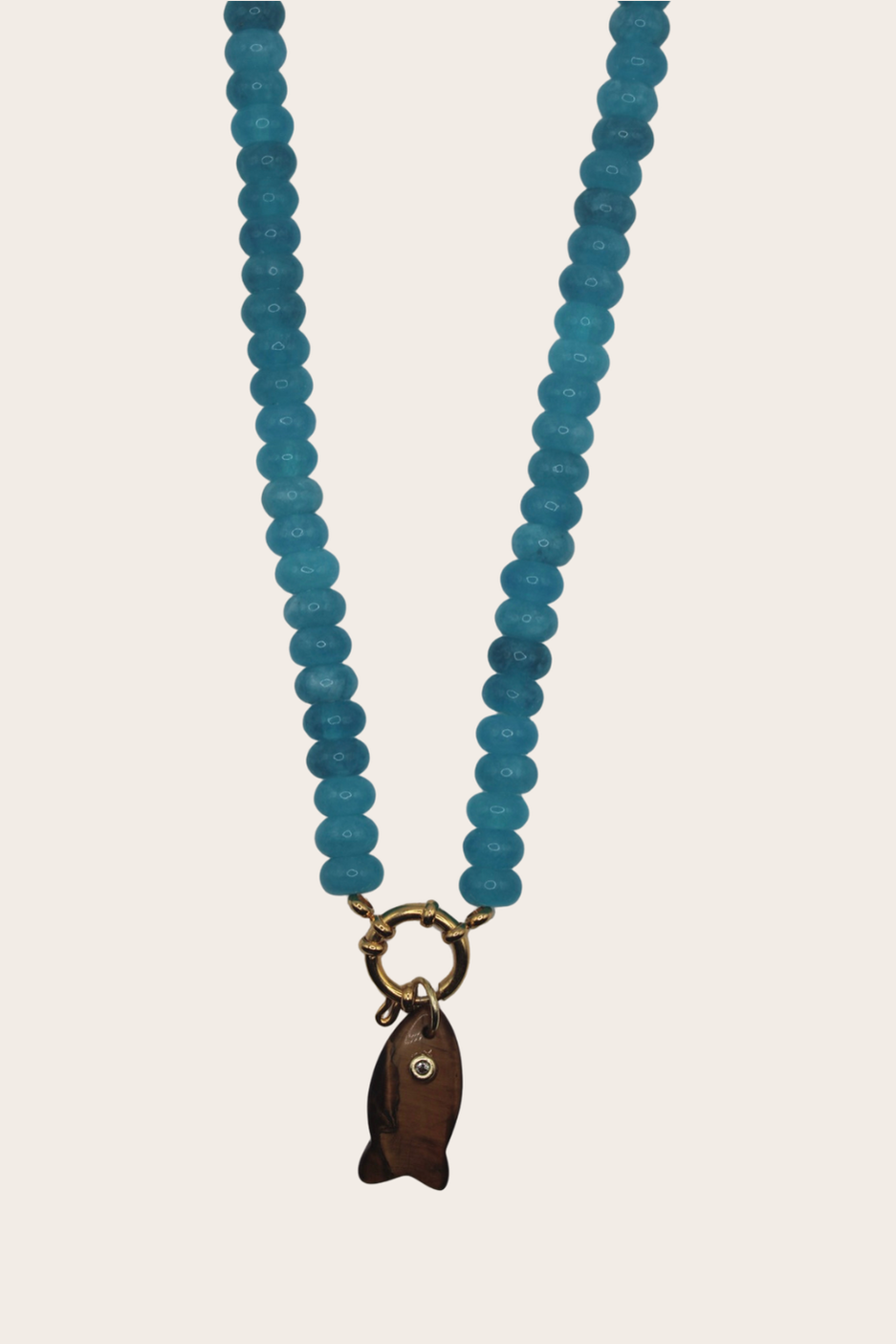 Isla Fish Chain featuring turquoise-blue beads and a dark fish pendant