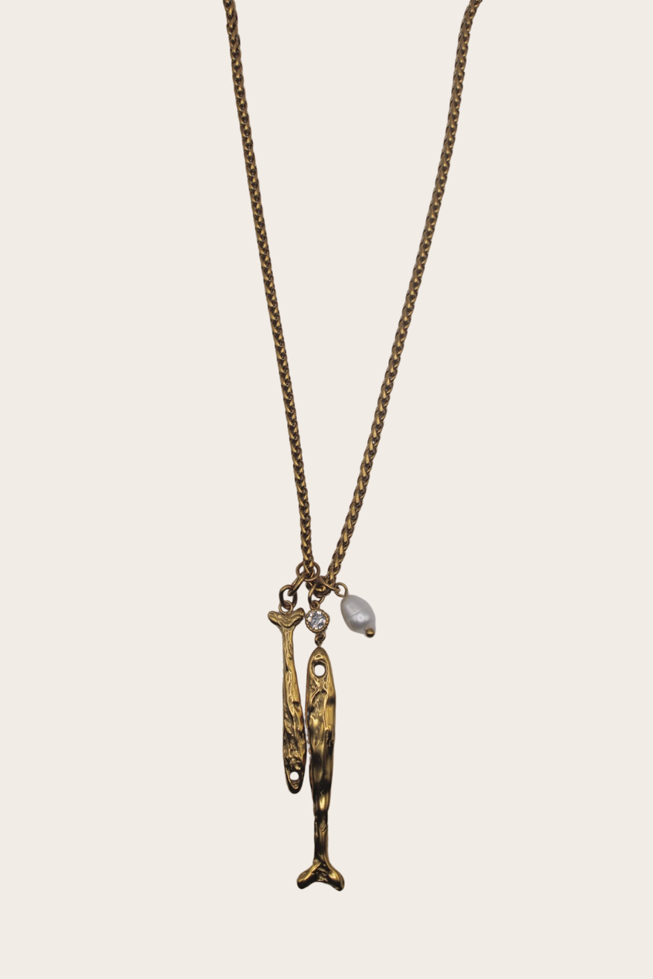 Golden Pearl Fishes Long Chain with fish and pearl-inspired details