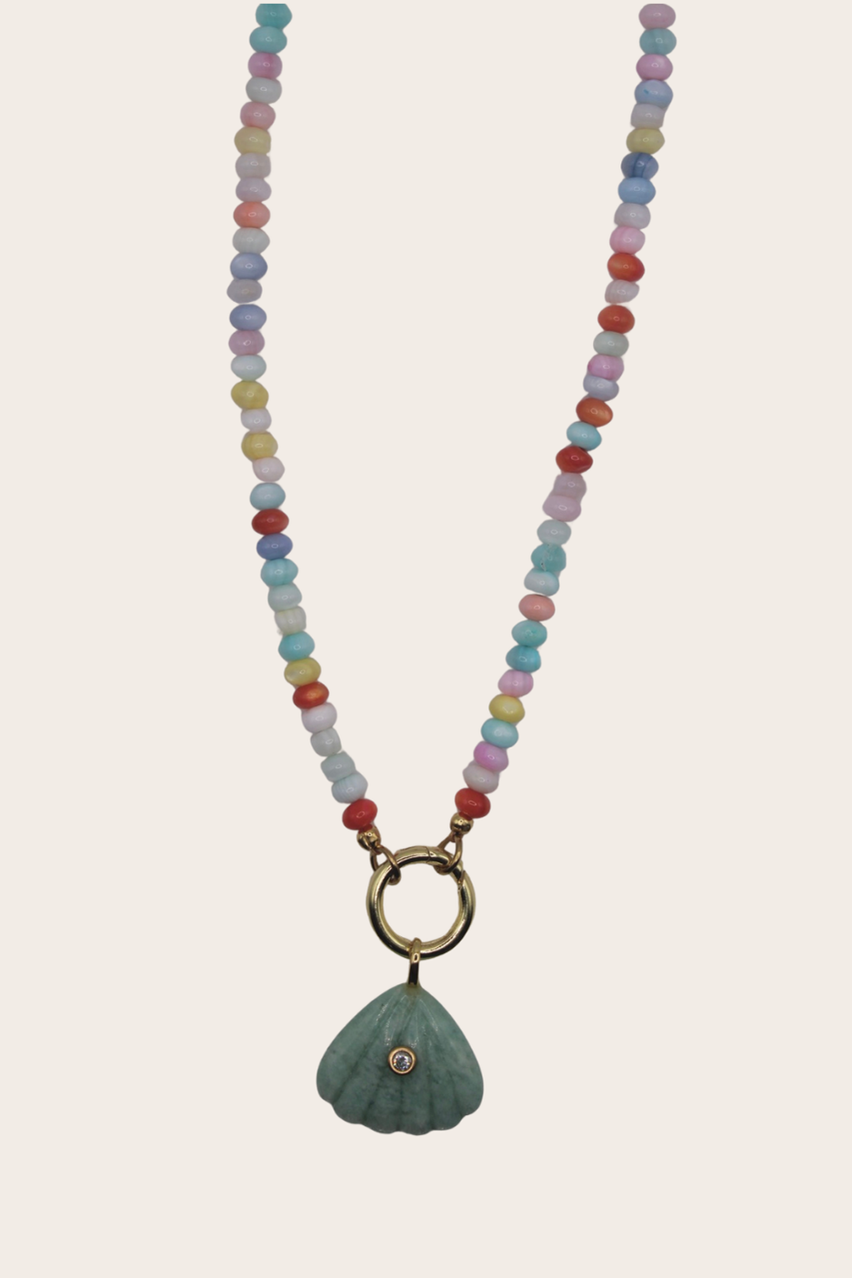 Duna Chain featuring multicolor beads and a teal shell pendant