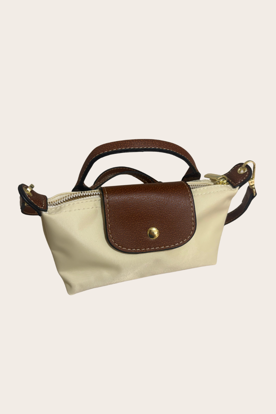Beige Small Top Handle Bag, beige top handle bag featuring a compact nylon silhouette with an included strap
