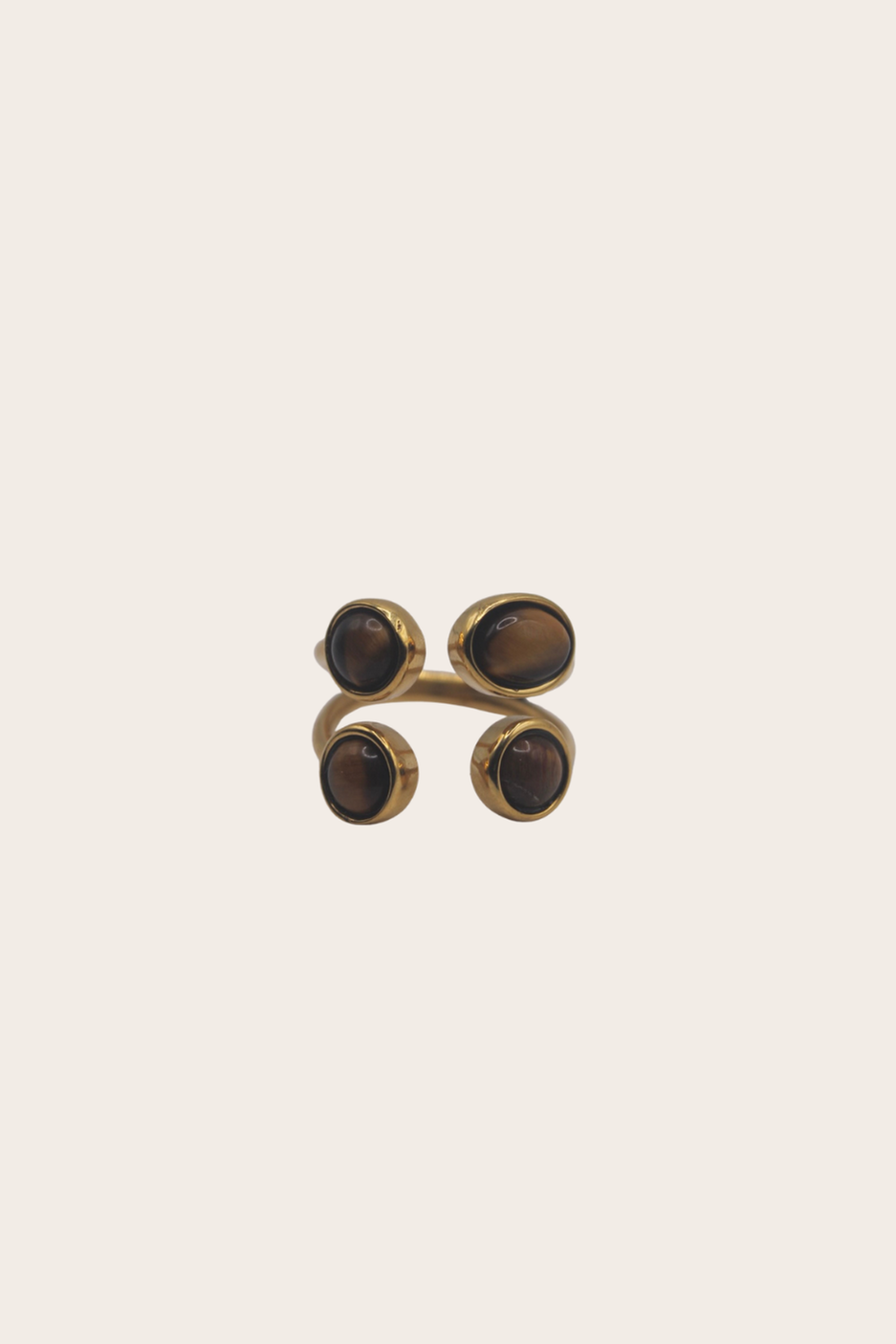 Tiger Eye Ring featuring a four-petal design with deep brown round accents