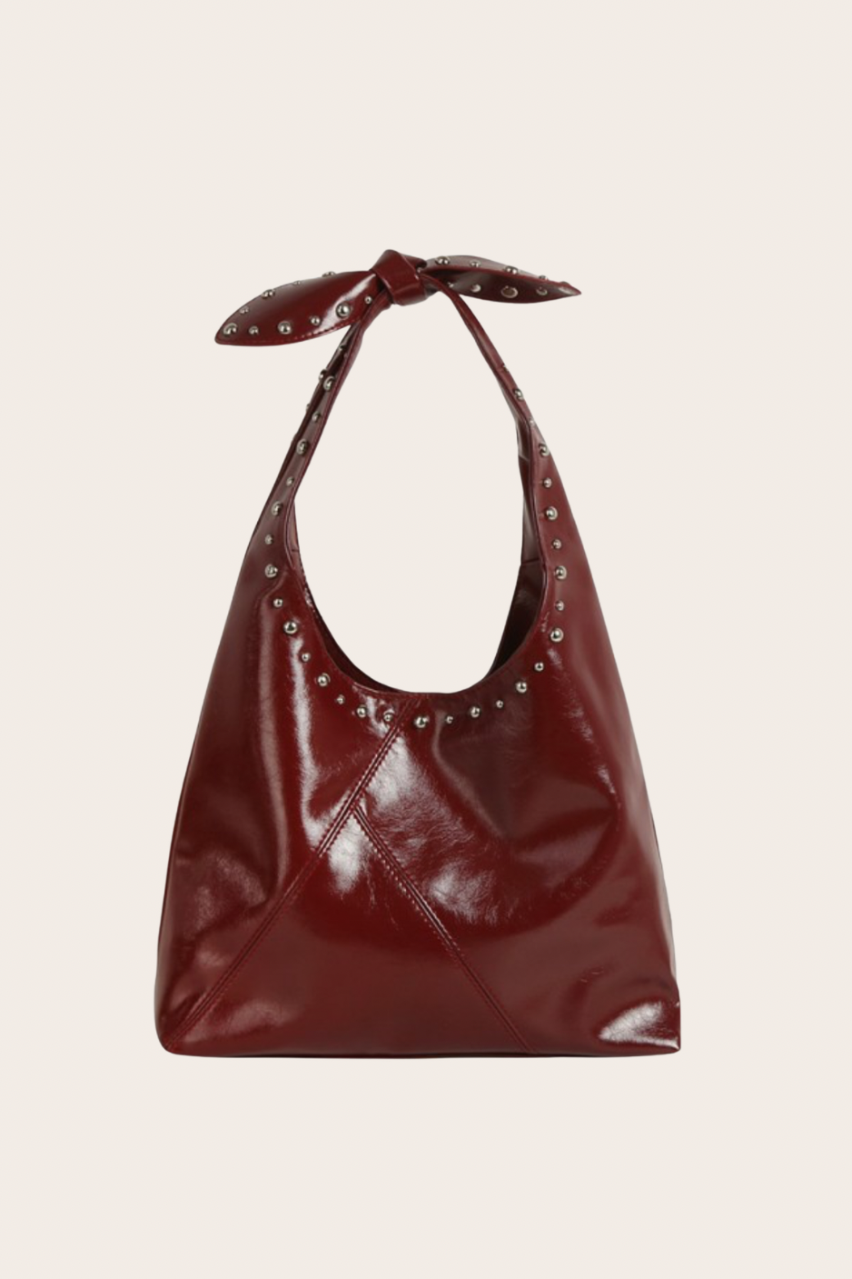 Burgundy Studs and Bow Hobo Bag, burgundy hobo bag featuring studded accents, bow detailing, and a relaxed hobo shape