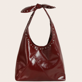 Burgundy Studs and Bow Hobo Bag, burgundy hobo bag featuring studded accents, bow detailing, and a relaxed hobo shape