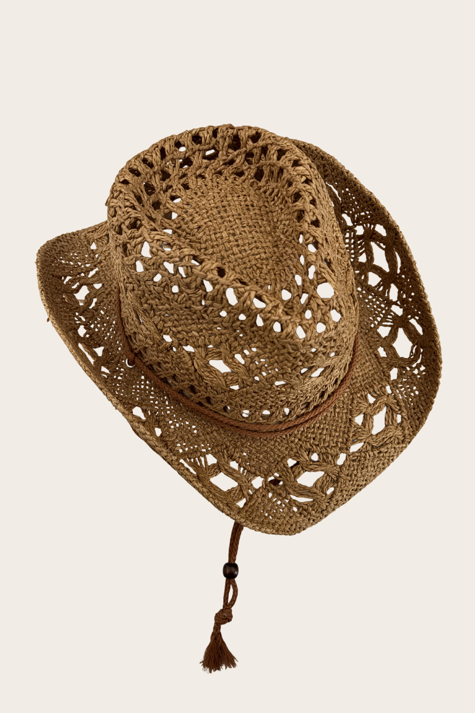 Cam Khaki Cowboy Hat featuring a khaki open-weave western hat with a decorative chin tie