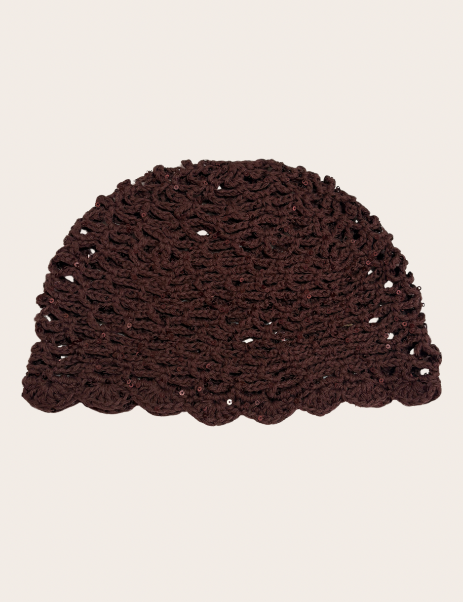 Brown crochet hat with delicate glitter accents