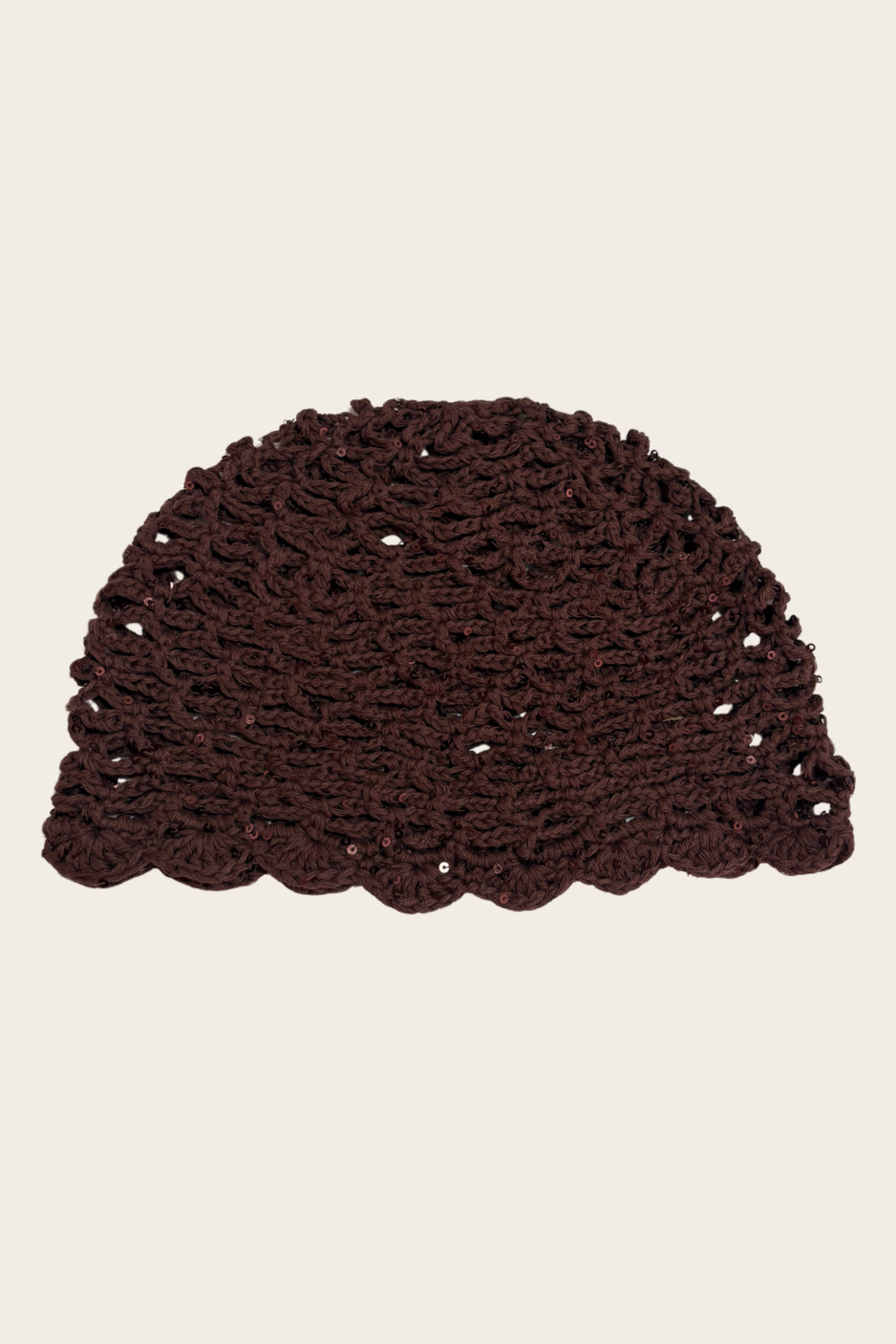 Brown crochet hat with delicate glitter accents