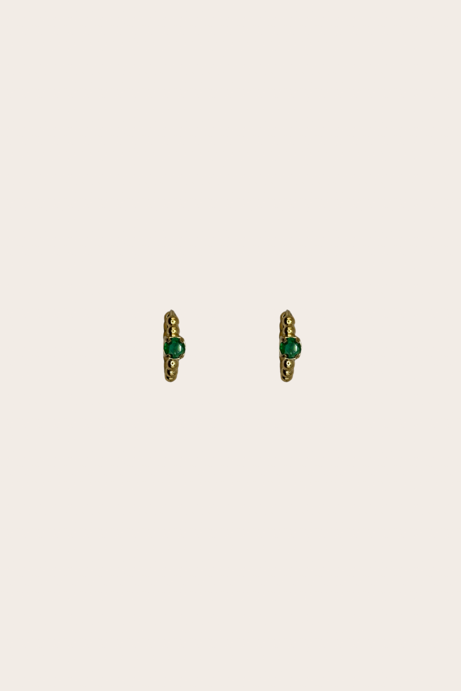 Beaded Diamond Emerald Huggies, gold, clear and emerald green earrings with beaded huggie hoops with clear sparkle and an emerald-green accent