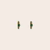 Beaded Diamond Emerald Huggies, gold, clear and emerald green earrings with beaded huggie hoops with clear sparkle and an emerald-green accent