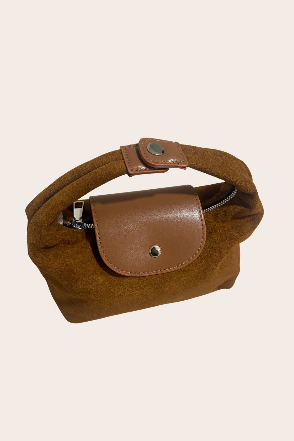 Camel Suede Top Handle Bag, camel top handle bag featuring a structured top-handle silhouette with a soft suede finish