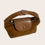 Camel Suede Top Handle Bag, camel top handle bag featuring a structured top-handle silhouette with a soft suede finish
