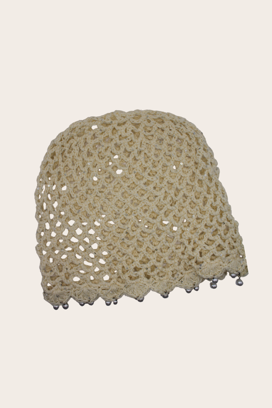 Glitter Pearls Crochet Hat featuring a light crochet design with a subtle glittered finish