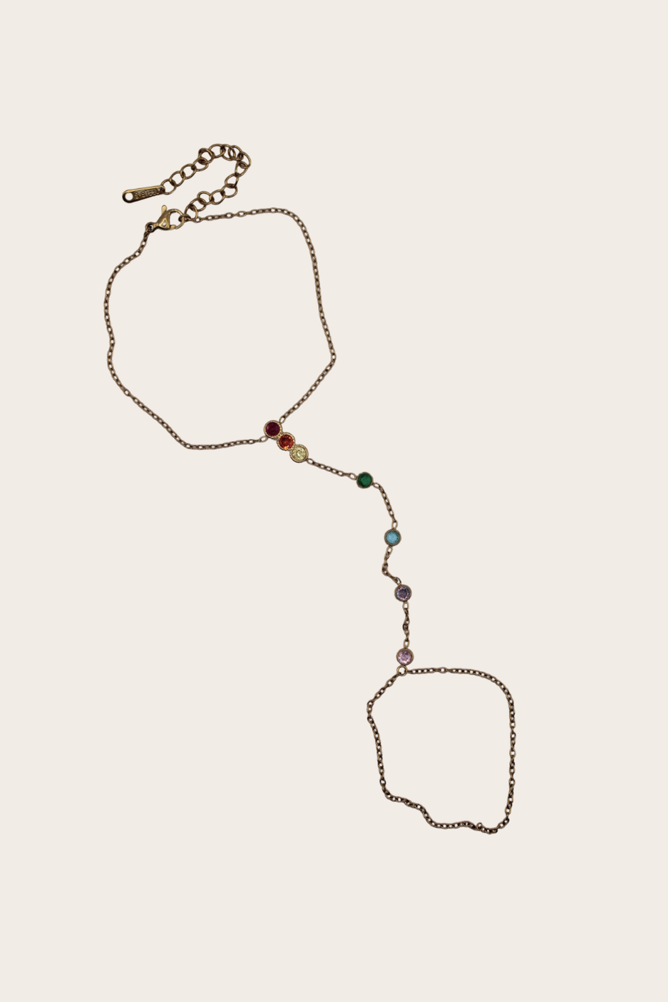 Marina Colorful Hand Chain featuring a bracelet-to-ring chain with colorful beaded accents