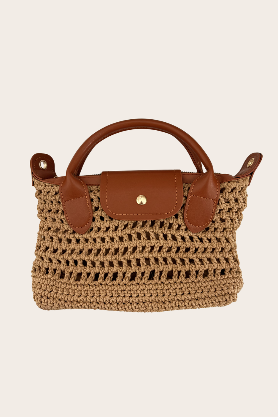 Crochet Summer Bag - Khaki with open-weave design, top handles, and crossbody strap
