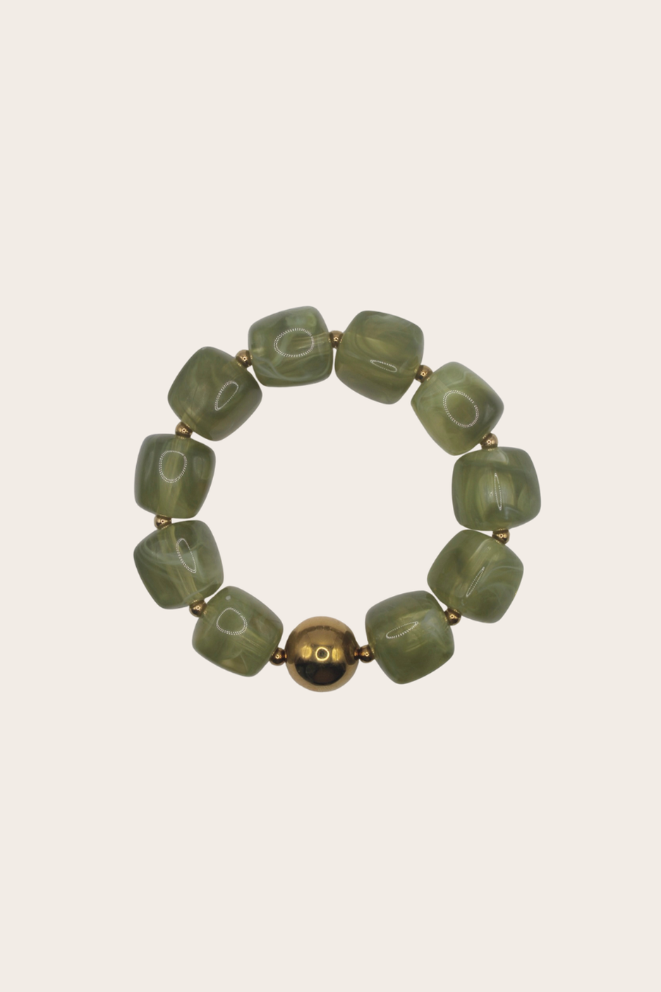 Serena Olive Bracelet featuring olive-green geometric beads on an elastic design