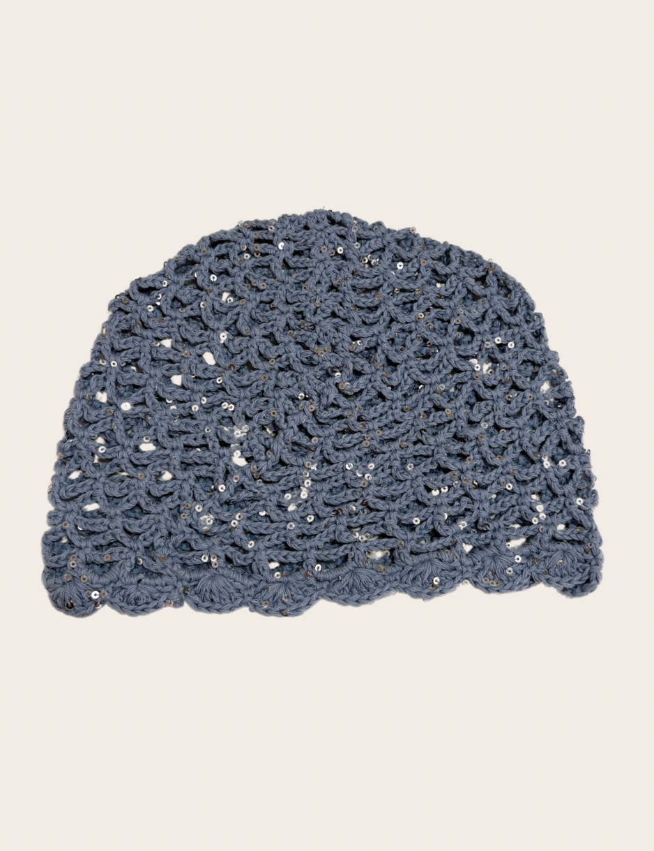 Blue crochet hat with delicate glitter accents