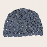Blue crochet hat with delicate glitter accents