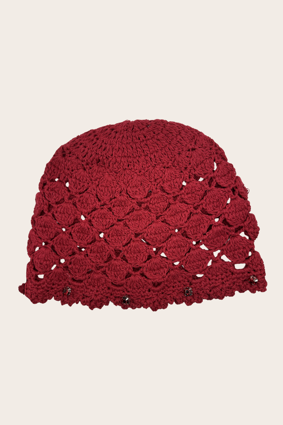 Burgundy Diamonds Crochet Hat featuring a burgundy crochet silhouette with open diamond stitching