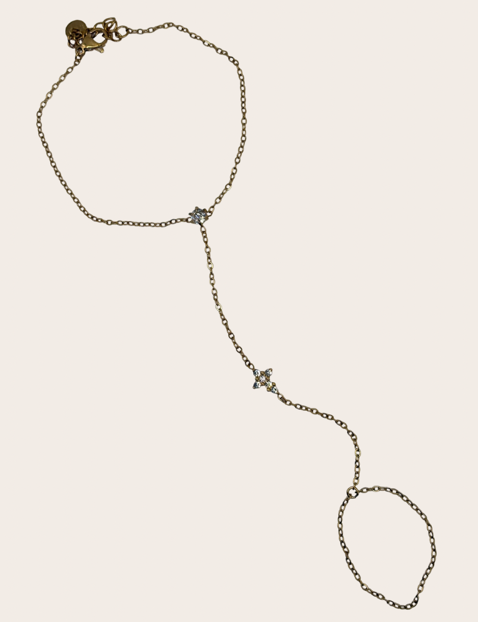Dainty stainless steel hand chain with sparkling cross detail