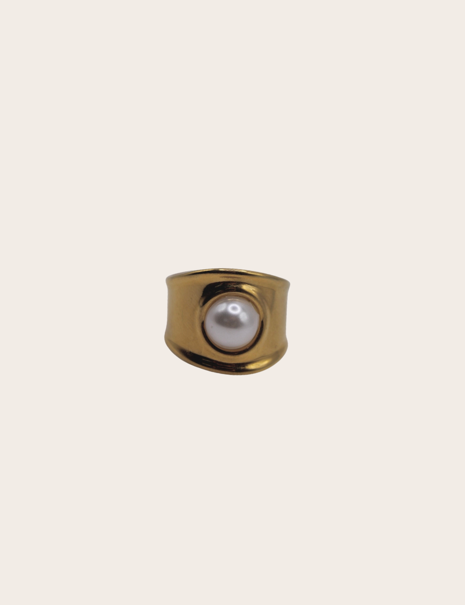 Pearl Golden Ring featuring a wide polished band with a pearl-style center