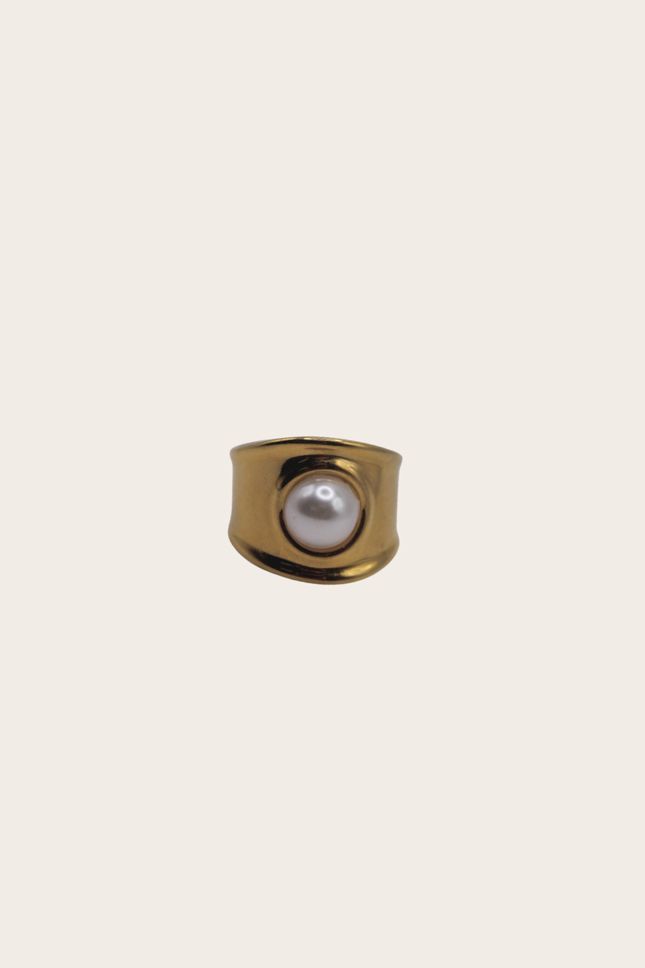 Pearl Golden Ring featuring a wide polished band with a pearl-style center