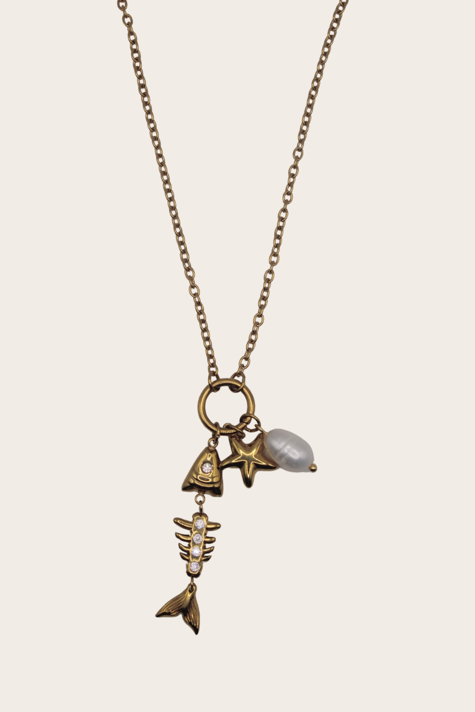Starfish Pearl and Fish Necklace with assorted ocean-inspired details