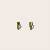 Pearl Huggies, gold and pearl white earrings with small huggie hoops accented with pearl details